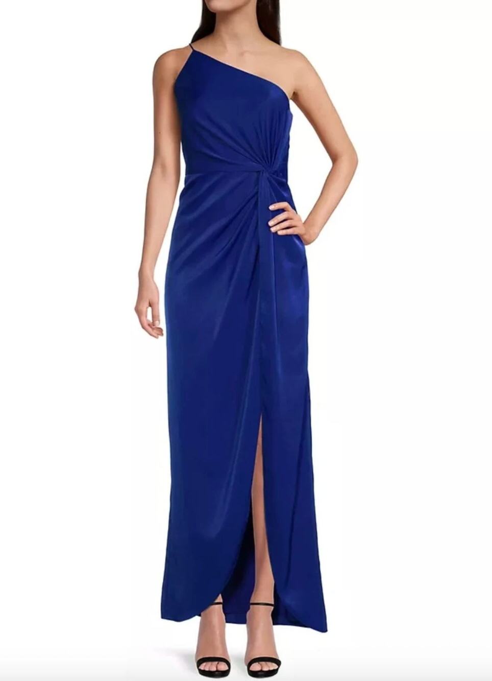 Liv Foster One Shoulder Gown Womens 0 Royal Blue Charmeuse Satin Evening Formal